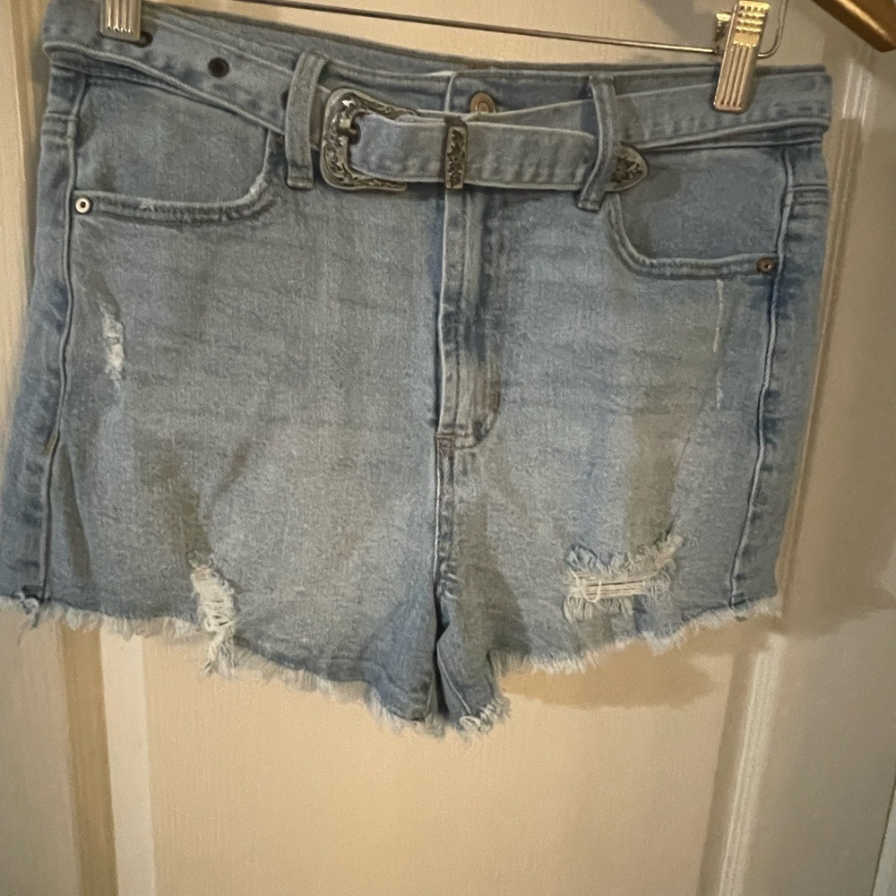 Celebrity Pink Light Blue Distressed western Jean Shorts
